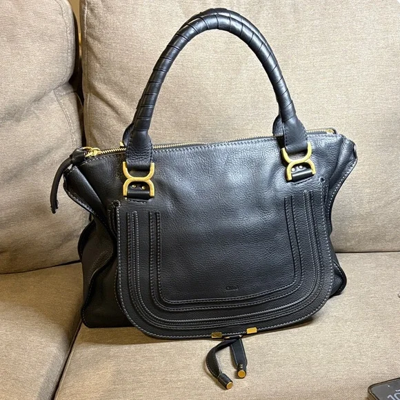 Chloe Marcie Black Leather Satchel with Gold Accents - Picture 2 of 12